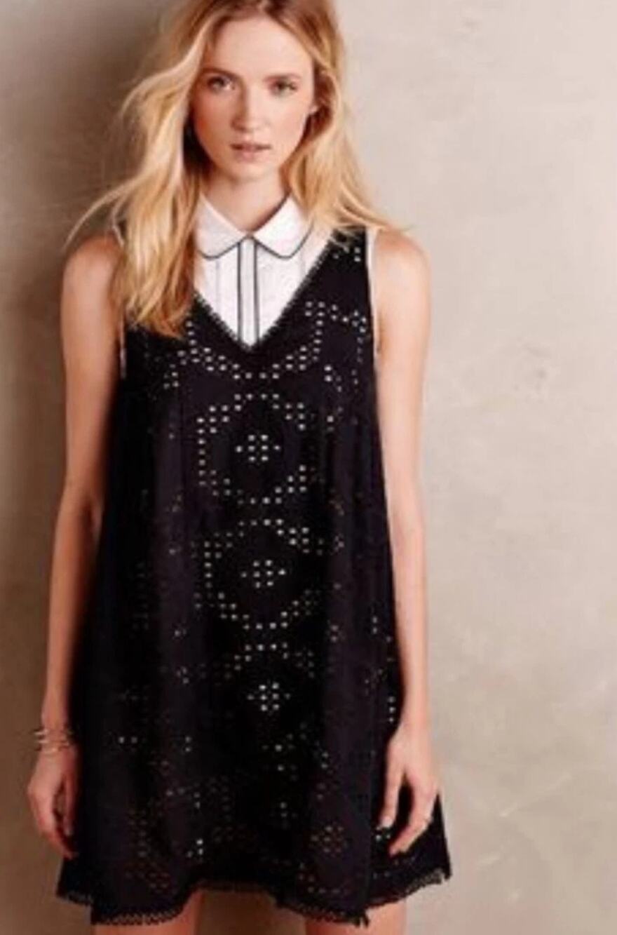 New Anthropologie Maeve Eyelet Swing Mini Dress $148 MEDIUM Black